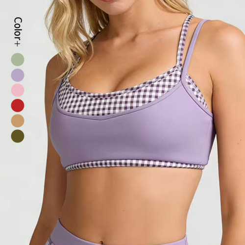 New Activewear Women 2 in 1 Plaid Patchwork Sports Bra Spaghetti Strap U Neck Yoga Bralette