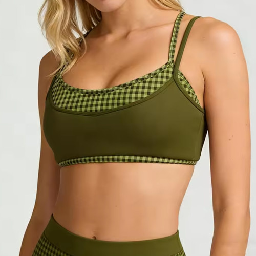 New Activewear Women 2 in 1 Plaid Patchwork Sports Bra Spaghetti Strap U Neck Yoga Bralette
