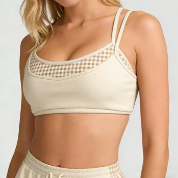 New Activewear Women 2 in 1 Plaid Patchwork Sports Bra Spaghetti Strap U Neck Yoga Bralette