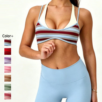 Custom Layered Strap 2 in 1 Bralette for Women Striped Print U Neck Stretch Fitness Sports Bra