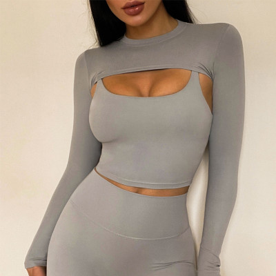 Two Pieces Yoga Set Crop Top With Padded Sports Bra Minimalist Fitness Gym Outfit Workout Active Wear