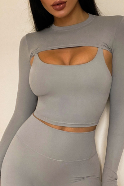 Two Pieces Yoga Set Crop Top With Padded Sports Bra Minimalist Fitness Gym Outfit Workout Active Wear