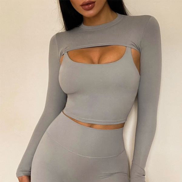 Two Pieces Yoga Set Crop Top With Padded Sports Bra Minimalist Fitness Gym Outfit Workout Active Wear