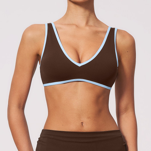 Color Block Trim V Neck Racer Back Sports Bra Soft Nylon Spandex Breathable Gym Training Running Active Wear