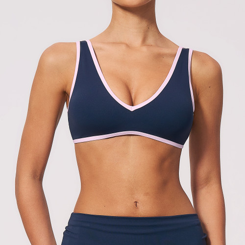 Color Block Trim V Neck Racer Back Sports Bra Soft Nylon Spandex Breathable Gym Training Running Active Wear