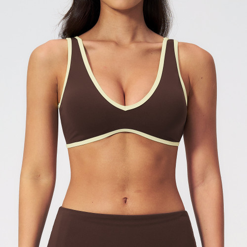 Color Block Trim V Neck Racer Back Sports Bra Soft Nylon Spandex Breathable Gym Training Running Active Wear
