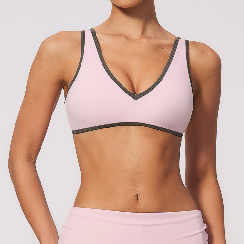 Color Block Trim V Neck Racer Back Sports Bra Soft Nylon Spandex Breathable Gym Training Running Active Wear