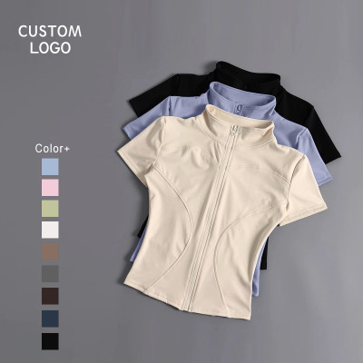 Women Full Zip Stand Collar Yoga Jacket Short Sleeve Curved Seam Slim Fit Quick Dry Workout Sports Top