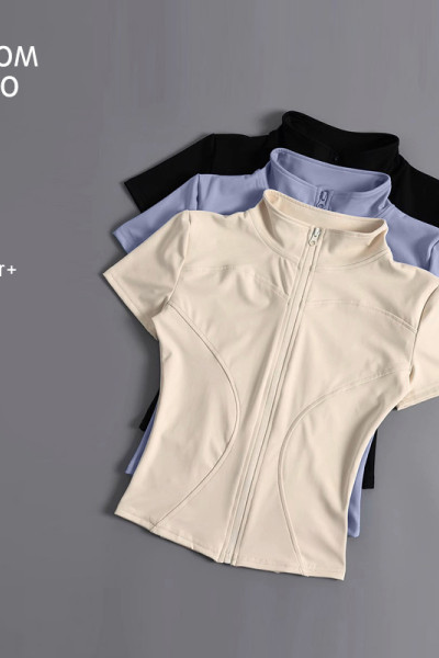 Full Zip Stand Collar Yoga Jacket Short Sleeve Curved Seam Slim Fit Quick Dry Workout Sports Top