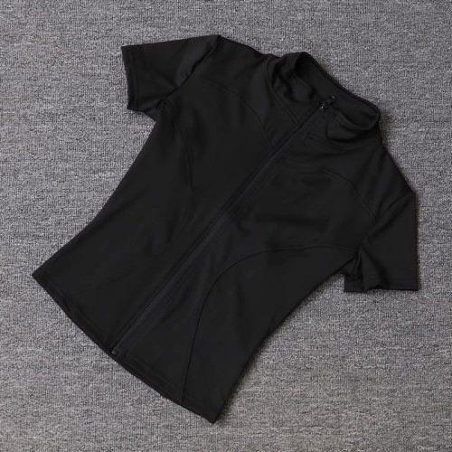 Women Full Zip Stand Collar Yoga Jacket Short Sleeve Curved Seam Slim Fit Quick Dry Workout Sports Top