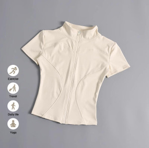 Women Full Zip Stand Collar Yoga Jacket Short Sleeve Curved Seam Slim Fit Quick Dry Workout Sports Top