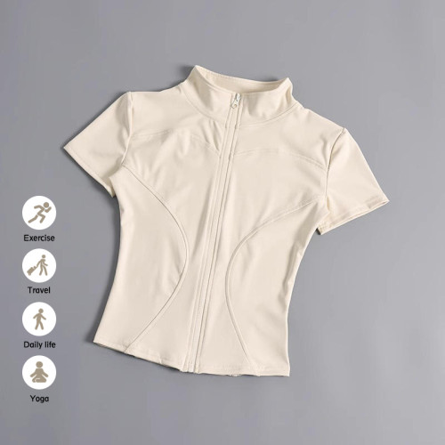 Women Full Zip Stand Collar Yoga Jacket Short Sleeve Curved Seam Slim Fit Quick Dry Workout Sports Top