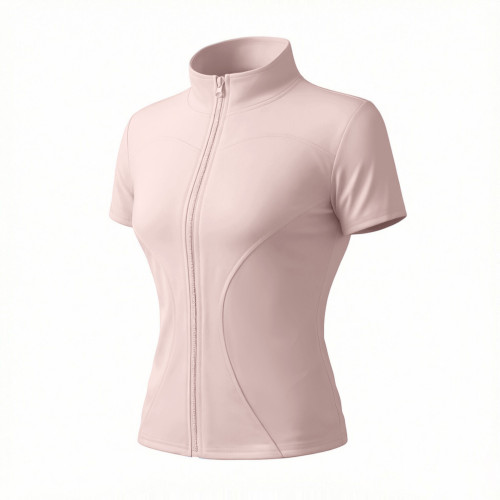 Women Full Zip Stand Collar Yoga Jacket Short Sleeve Curved Seam Slim Fit Quick Dry Workout Sports Top