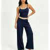 Women Yoga Set Halter Layered Camisole Crop Top Contrast Stripe Waistband Wide Leg Loose Pants