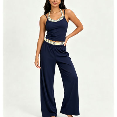 Women Yoga Set Halter Layered Camisole Crop Top Contrast Stripe Waistband Wide Leg Loose Pants