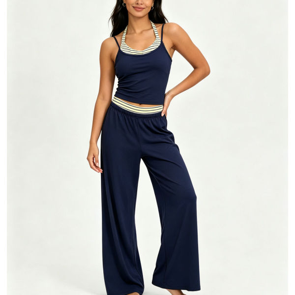 Women Yoga Set Halter Layered Camisole Crop Top Contrast Stripe Waistband Wide Leg Loose Pants