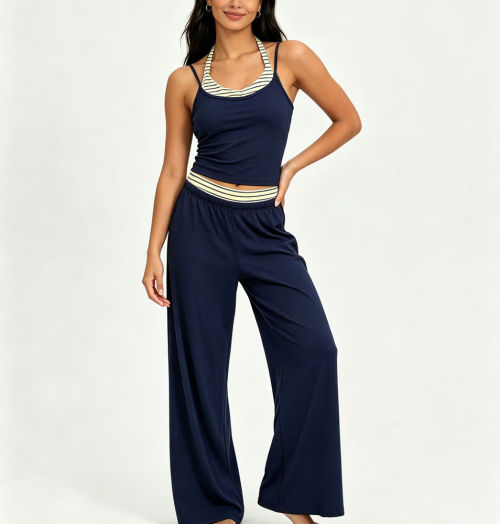 Women Yoga Set Halter Layered Camisole Crop Top Contrast Stripe Waistband Wide Leg Loose Pants