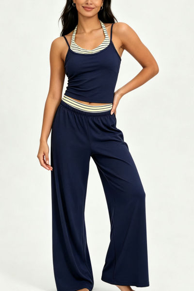 Women Yoga Set Halter Layered Camisole Crop Top Contrast Stripe Waistband Wide Leg Loose Pants