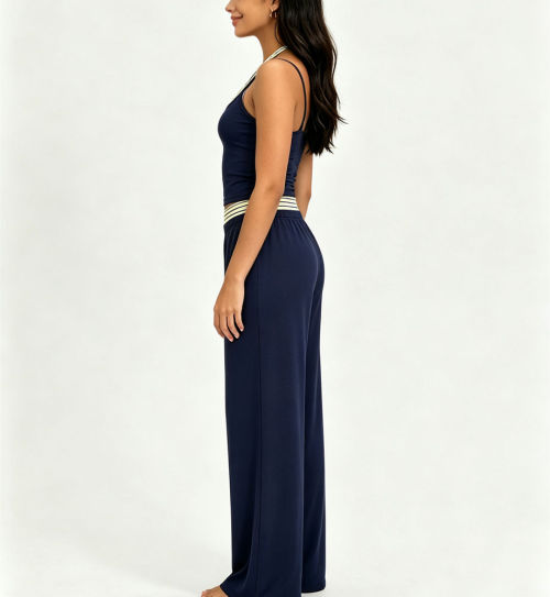 Women Yoga Set Halter Layered Camisole Crop Top Contrast Stripe Waistband Wide Leg Loose Pants