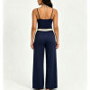 Women Yoga Set Halter Layered Camisole Crop Top Contrast Stripe Waistband Wide Leg Loose Pants