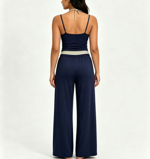 Women Yoga Set Halter Layered Camisole Crop Top Contrast Stripe Waistband Wide Leg Loose Pants