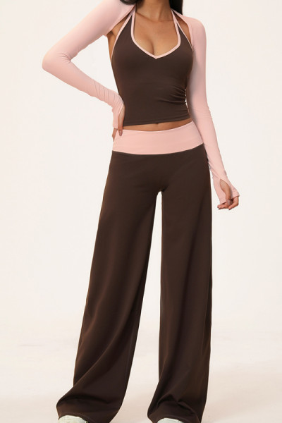 Women 3 Pieces Yoga Set Halter Tank Top Long Sleeve Shrug Wide Leg Yoga Pants Workout Active Wear
