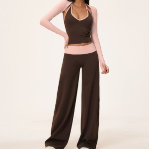 Women 3 Pieces Yoga Set Halter Tank Top Long Sleeve Shrug Wide Leg Yoga Pants Workout Active Wear