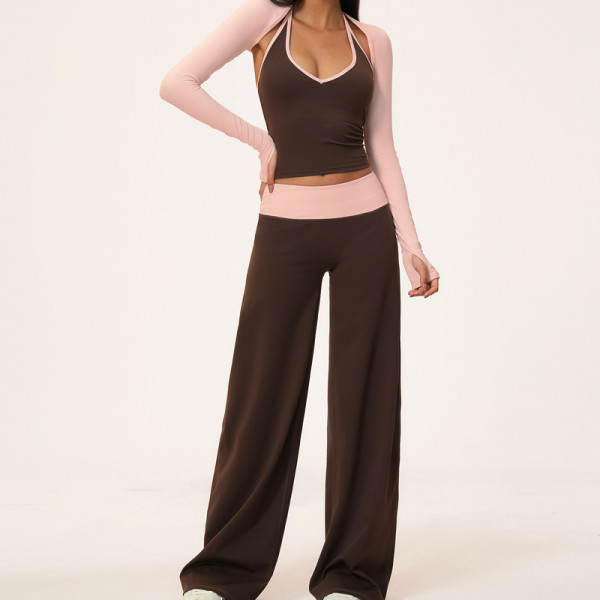 Women 3 Pieces Yoga Set Halter Tank Top Long Sleeve Shrug Wide Leg Yoga Pants Workout Active Wear