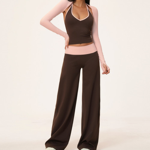 Women 3 Pieces Yoga Set Halter Tank Top Long Sleeve Shrug Wide Leg Yoga Pants Workout Active Wear