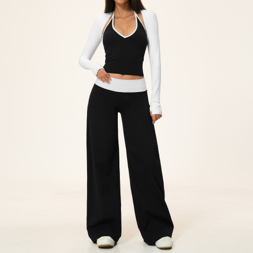 Women 3 Pieces Yoga Set Halter Tank Top Long Sleeve Shrug Wide Leg Yoga Pants Workout Active Wear