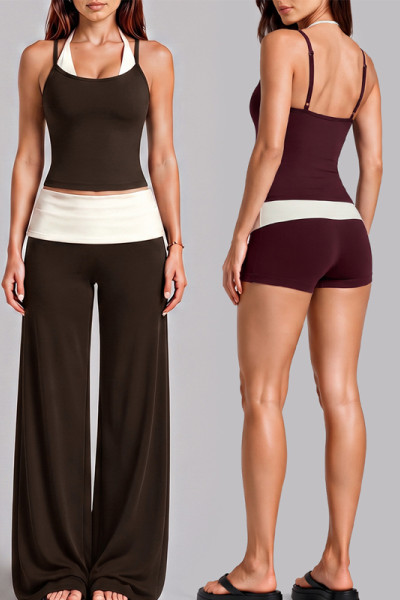 Women Color Block Wide Leg Pants Yoga Set Halter Fake Two Piece Sleeveless Fitness Activewear Outfit