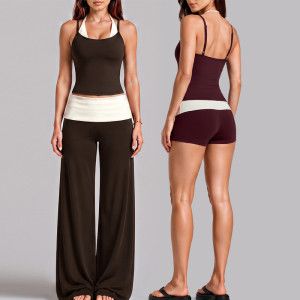 Women Color Block Wide Leg Pants Yoga Set Halter Fake Two Piece Sleeveless Fitness Activewear Outfit
