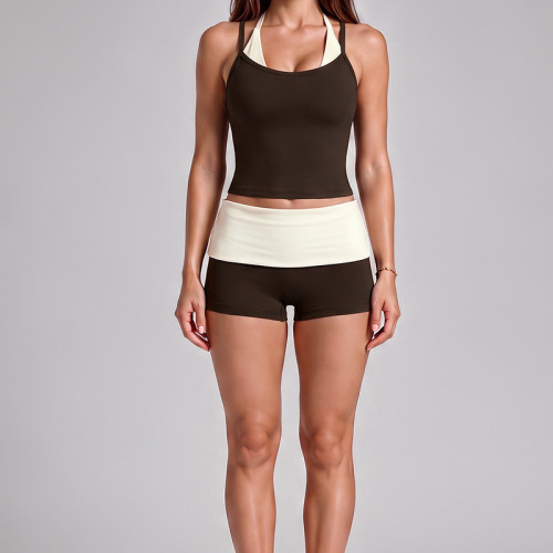 Women Color Block Wide Leg Pants Yoga Set Halter Fake Two Piece Sleeveless Fitness Activewear Outfit