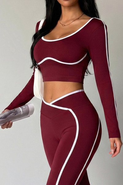 Women Contrast Piping Long Sleeve Workout Crop Top V Neck Slim Fit Sports Active Top