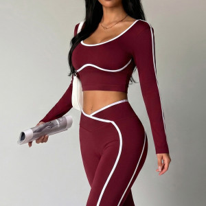 Women Contrast Piping Long Sleeve Workout Crop Top V Neck Slim Fit Sports Active Top