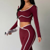 Women Contrast Piping Long Sleeve Workout Crop Top V Neck Slim Fit Sports Active Top