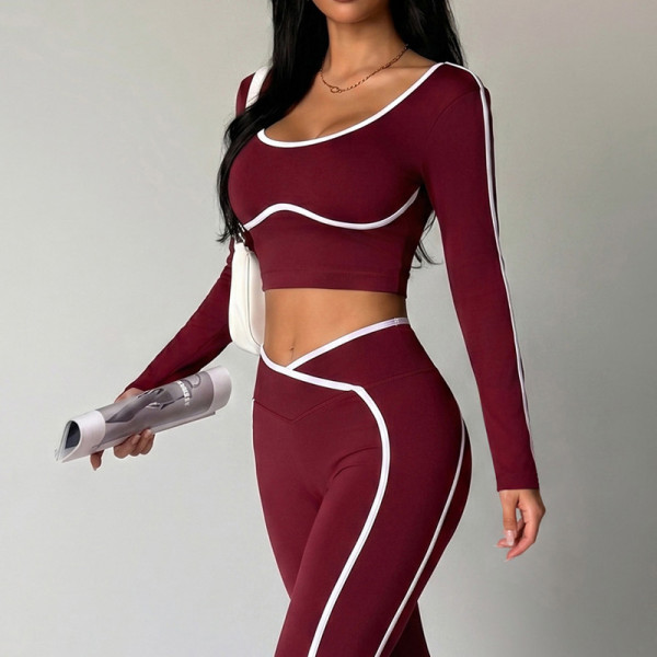 Women Contrast Piping Long Sleeve Workout Crop Top V Neck Slim Fit Sports Active Top