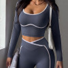 Women Contrast Piping Long Sleeve Workout Crop Top V Neck Slim Fit Sports Active Top