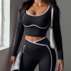 Women Contrast Piping Long Sleeve Workout Crop Top V Neck Slim Fit Sports Active Top