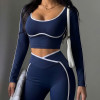 Women Contrast Piping Long Sleeve Workout Crop Top V Neck Slim Fit Sports Active Top