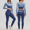 Women Workout Set Color Block Two Piece Long Sleeve Yoga Top High Waist Yoga Leggings