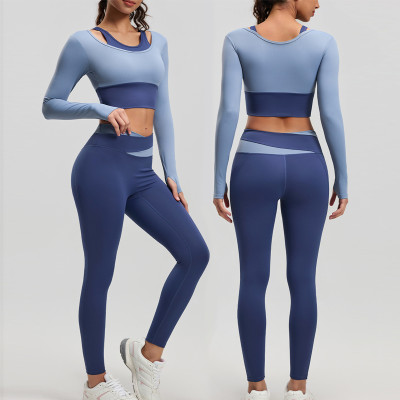 Women Workout Set Color Block Two Piece Long Sleeve Yoga Top High Waist Yoga Leggings