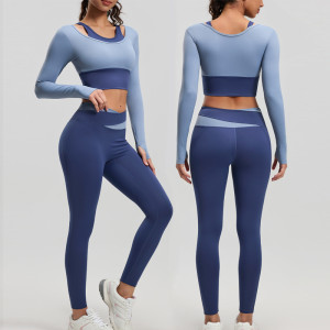 Women Workout Set Color Block Two Piece Long Sleeve Yoga Top High Waist Yoga Leggings