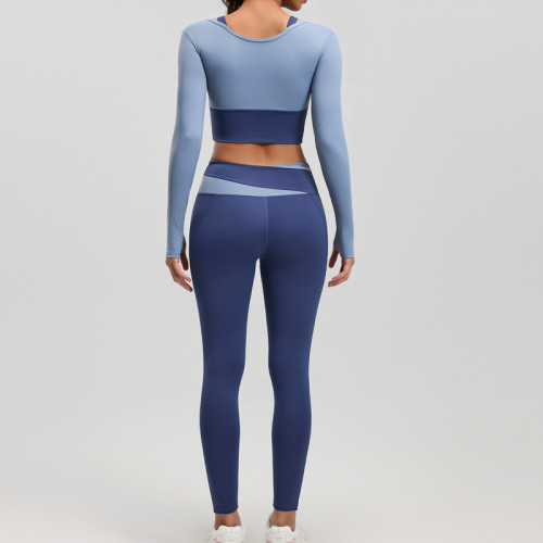 Women Workout Set Color Block Two Piece Long Sleeve Yoga Top High Waist Yoga Leggings