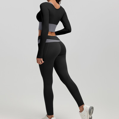 Women Workout Set Color Block Two Piece Long Sleeve Yoga Top High Waist Yoga Leggings