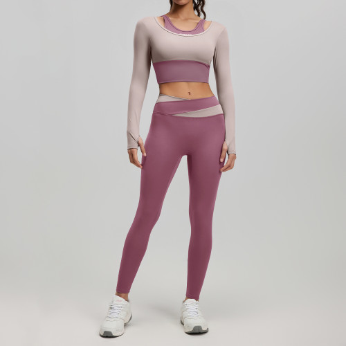 Women Workout Set Color Block Two Piece Long Sleeve Yoga Top High Waist Yoga Leggings