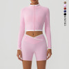 Women Yoga Set Zip up Long Sleeve Crop Top Cross Waist Biker Shorts 2 Pieces Workout Active Wear