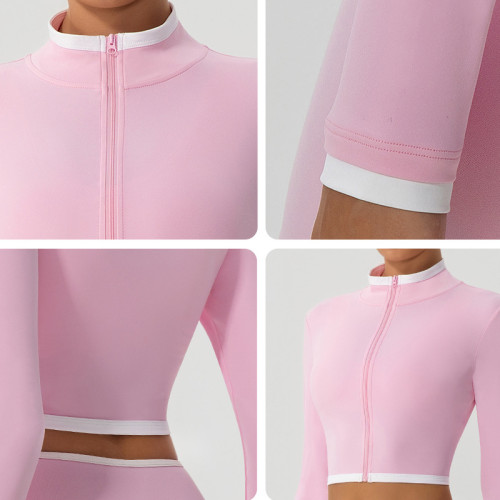 Women Yoga Set Zip up Long Sleeve Crop Top Cross Waist Biker Shorts 2 Pieces Workout Active Wear