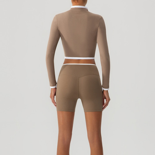Women Yoga Set Zip up Long Sleeve Crop Top Cross Waist Biker Shorts 2 Pieces Workout Active Wear