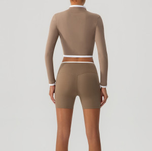 Women Yoga Set Zip up Long Sleeve Crop Top Cross Waist Biker Shorts 2 Pieces Workout Active Wear